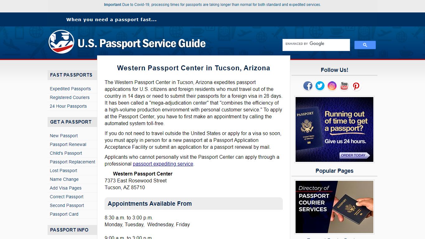 Western Passport Center in Tucson, Arizona - U.S. Passport Service Guide